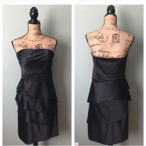 Black satin above knee, strapless dress